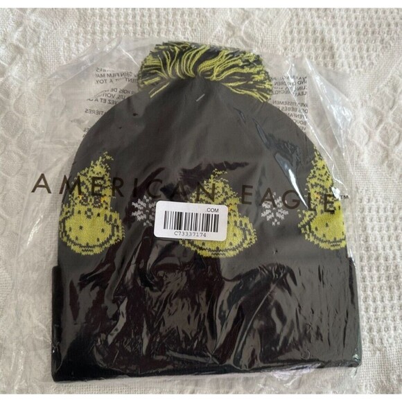 American Eagle Black Grinch Hat Beanie Cuff Pom Pom NWT - Picture 6 of 8